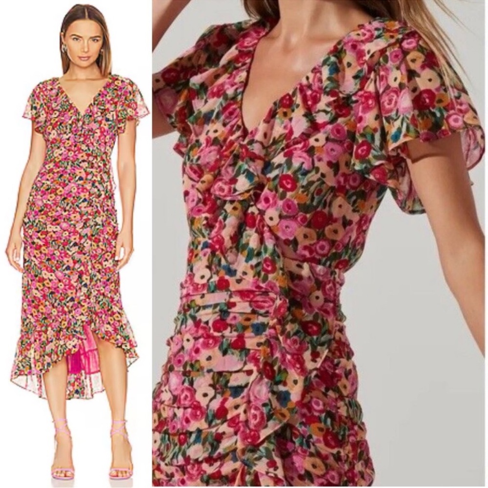 New ASTR Revolve Vilma Midi Ruffle Dress in Red Floral Size M Wedding Guest